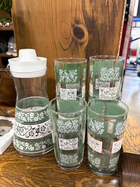 Vintage Libbey Juice Carafe & 6 Glasses Green White Floral Glass Serving Set